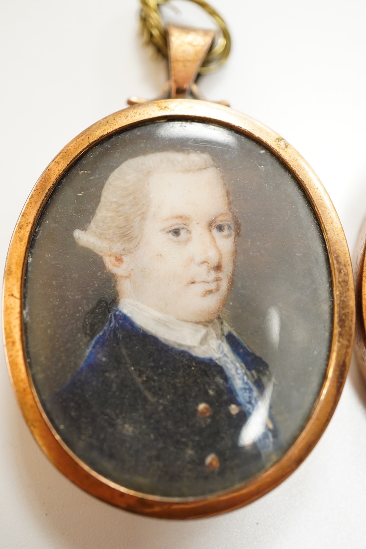 Late Georgian School, Portrait miniatures of gentleman, pair of oval watercolours on ivory, housed in pendant frames, 3.5 x 3cm, CITES Submission reference KQPH4A4C